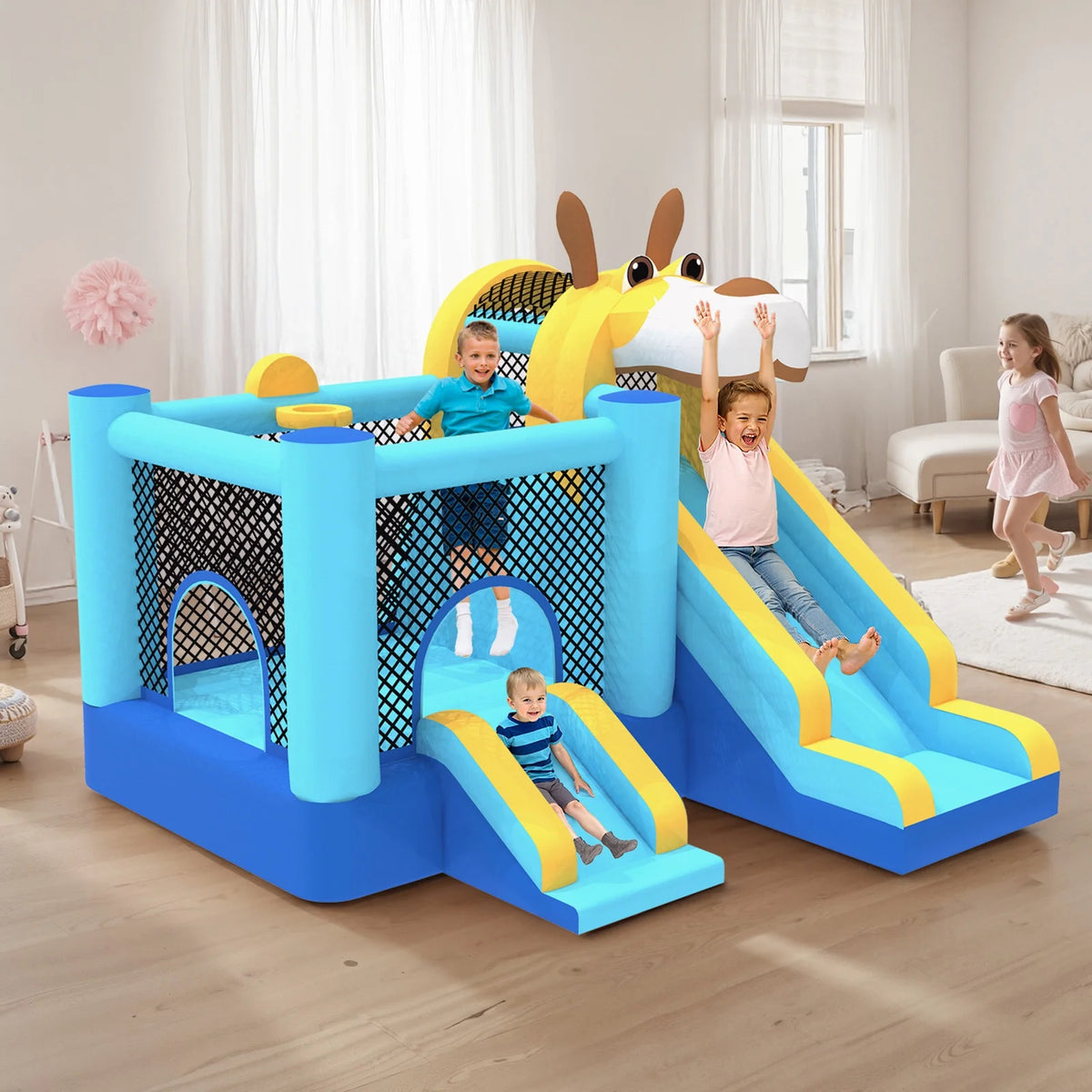 Mukidy 114''x 114'' x 92.5'' Inflatable Bounce Houses for Kids 3-10 with Blower Double Slide and Ball Pit/Indoor Bouncy House