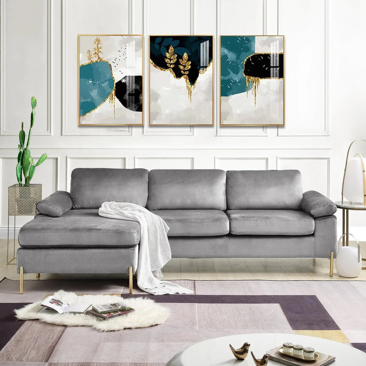 HomeStock Luxe Modern Velvet L-Shape Sectional Sofa with Square Padded Armrests, Solid Pattern Upholstery - 51.6"D x 101.2"W