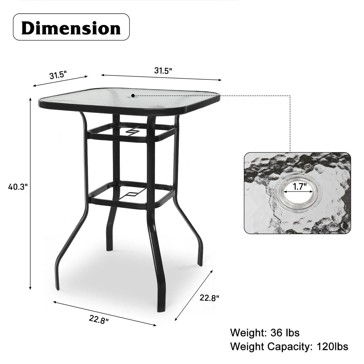 IVV Outdoor Patio Bar Height Bistro Table w/ Tempered Glass Top & 1.8" Umbrella Hole & Metal Frame, 31.5"L x 31.5"W x 39.8"H,