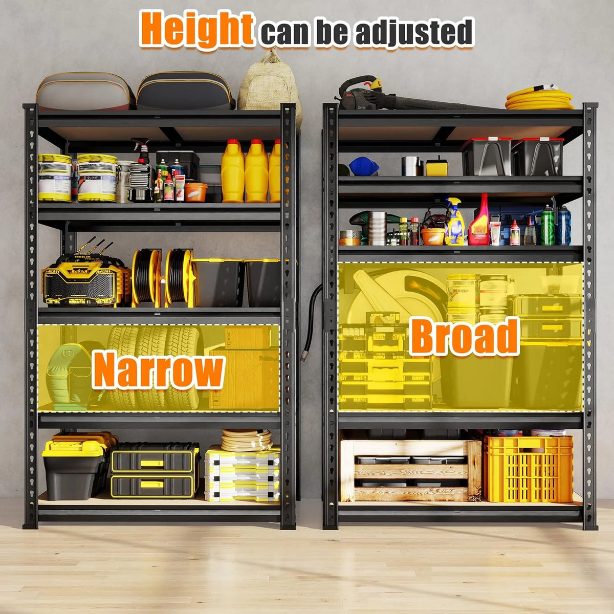 72.12" H Garage Shelving, Storage Shelves Load 2100LBS, 5-Tier Adjustable Shelving Unit with Thickened Wooden Boards for Mult