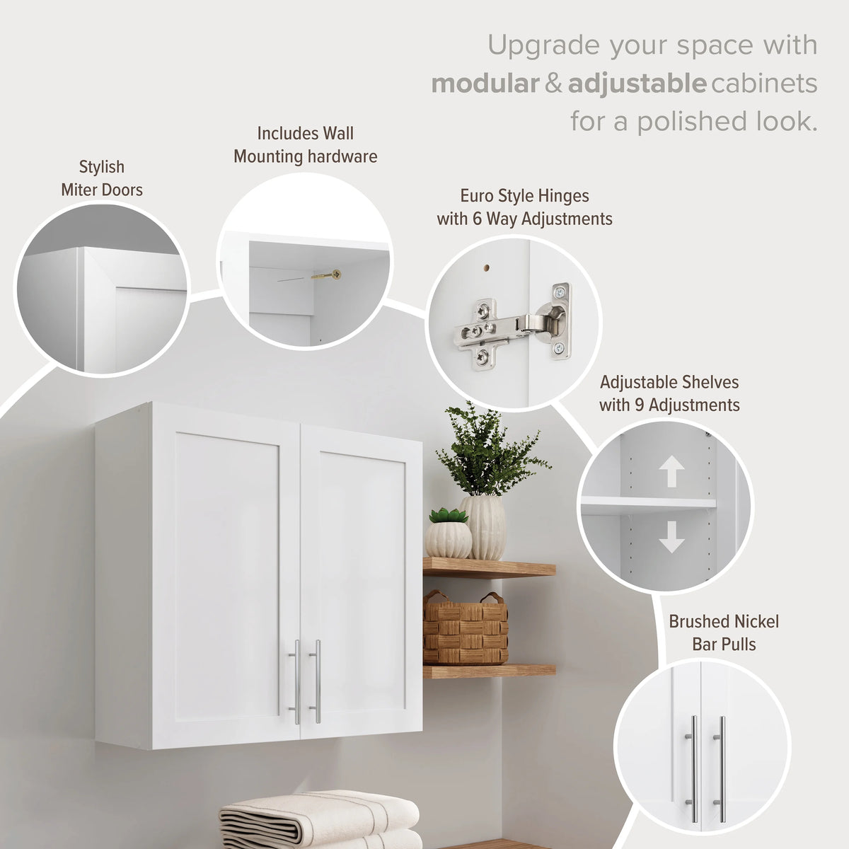 Prepac Elite 32" H Wall Cabinet with Panel Doors, White Storage Cabinet, Bathroom Cabinet, Pantry Cabinet with with 1 Adjusta