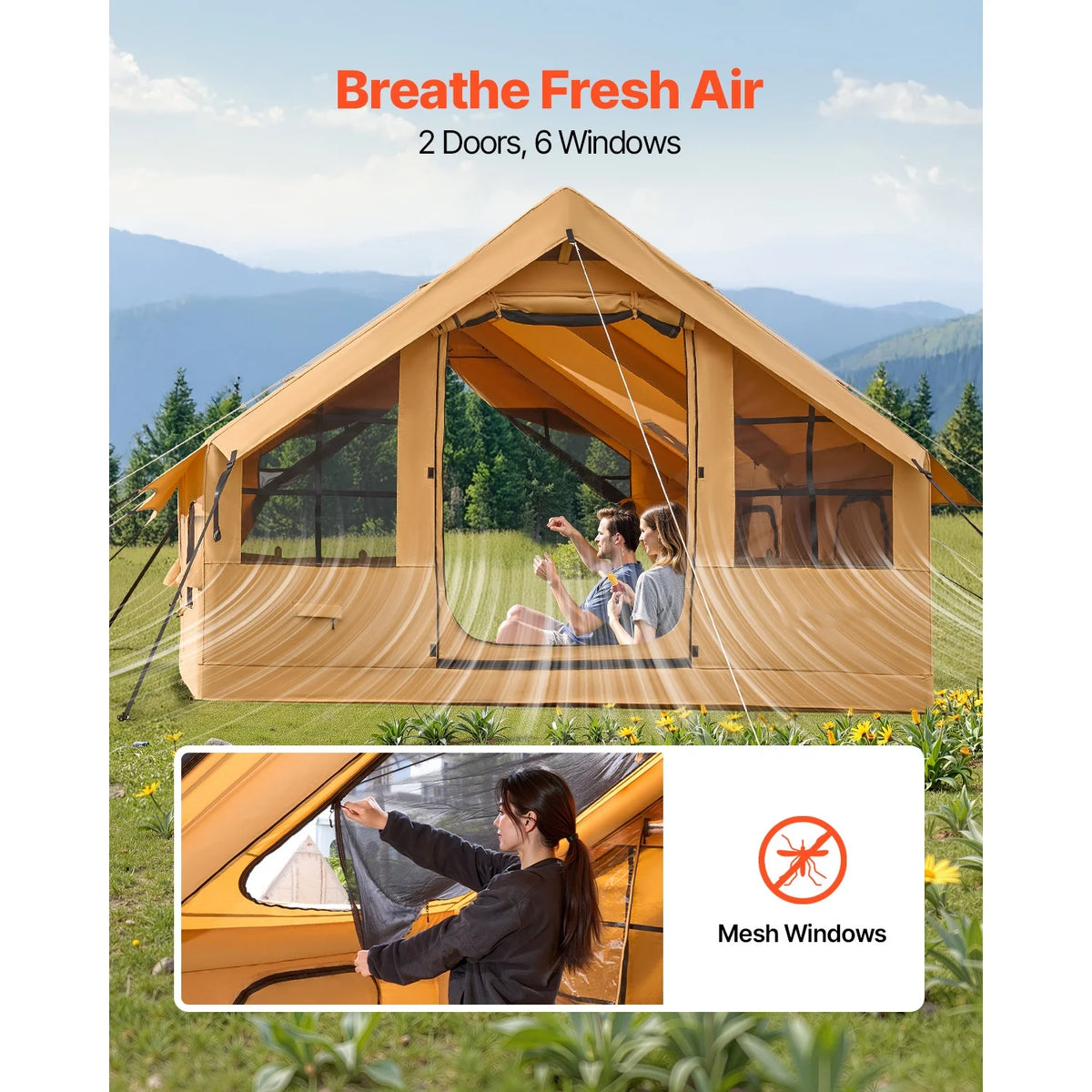 KFFKFF Inflatable Tent for Camping, 13.12 x 9.84 x 7.22 Ft Glamping Blow up Tent for 5-8 People, Air-Filled Camping Shelters,