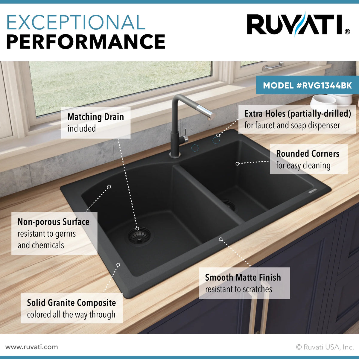 Ruvati RVG1344BK 33 x 22 inch epiGranite Kitchen Sink - Midnight Black