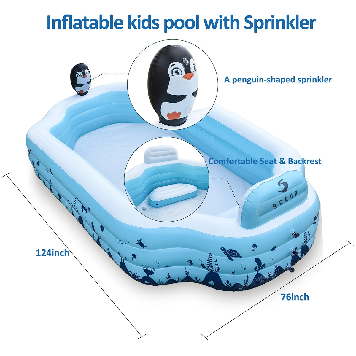 Sebor Inflatable Pool with Seat and Sprinkler - 10.3Ft x 76'' x 20'' Full Sized Above Ground Swimming Pool for Family, Adults