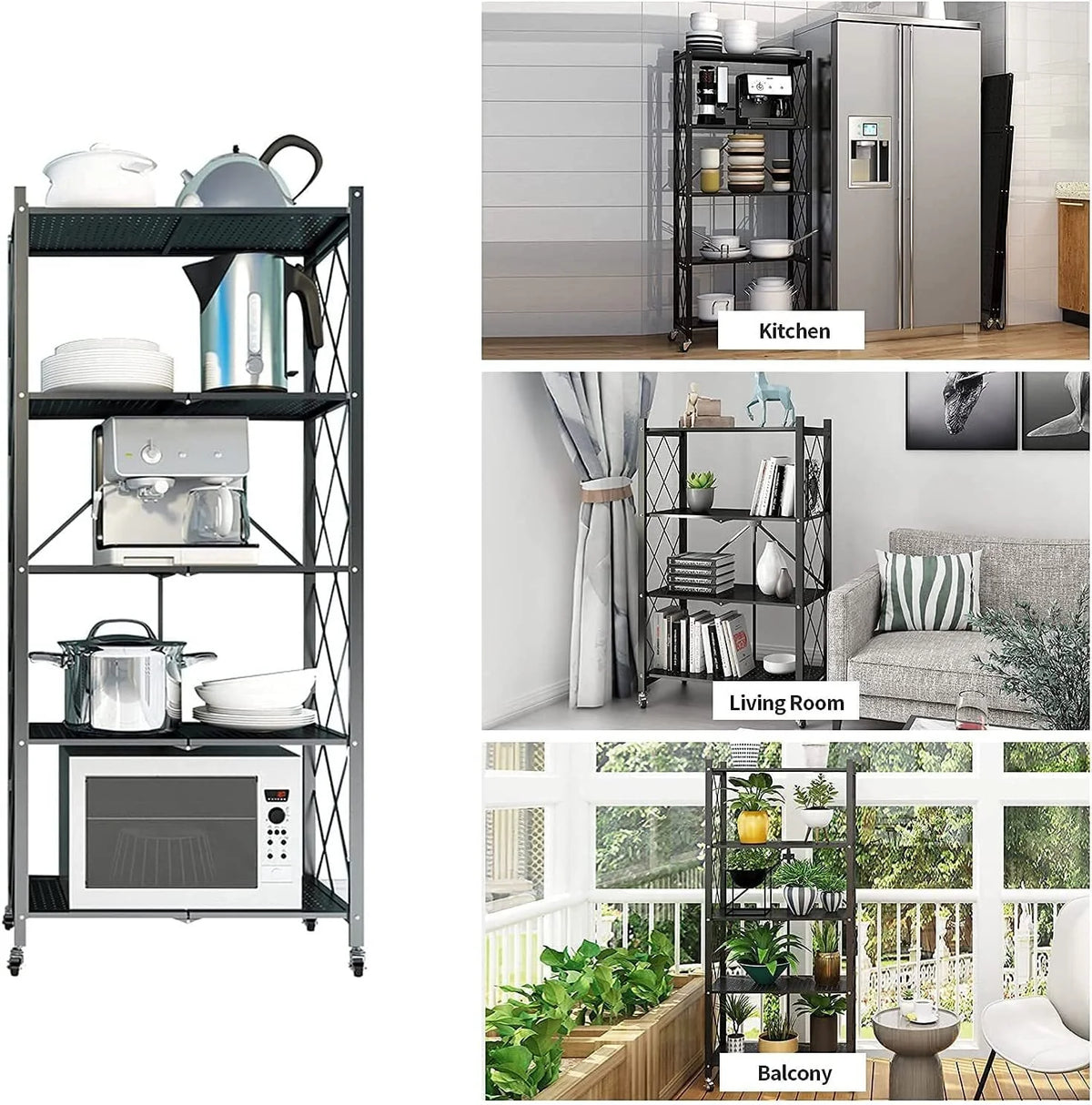 Foldable 28.35''W x 14.96''D x 63.19''L Storage Shelving Unit,Heavy Duty Metal Shelf,Foldable Shelf with Wheels,Garage Shelf