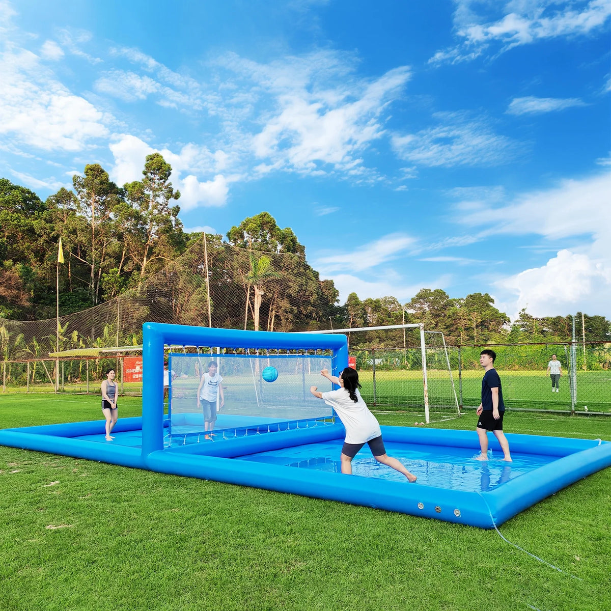 Relunch 33FT Inflatable Volleyball Court, 2 in 1 Volleyball Pool Football Court Water Soccer Field with 800W Blower for Beach