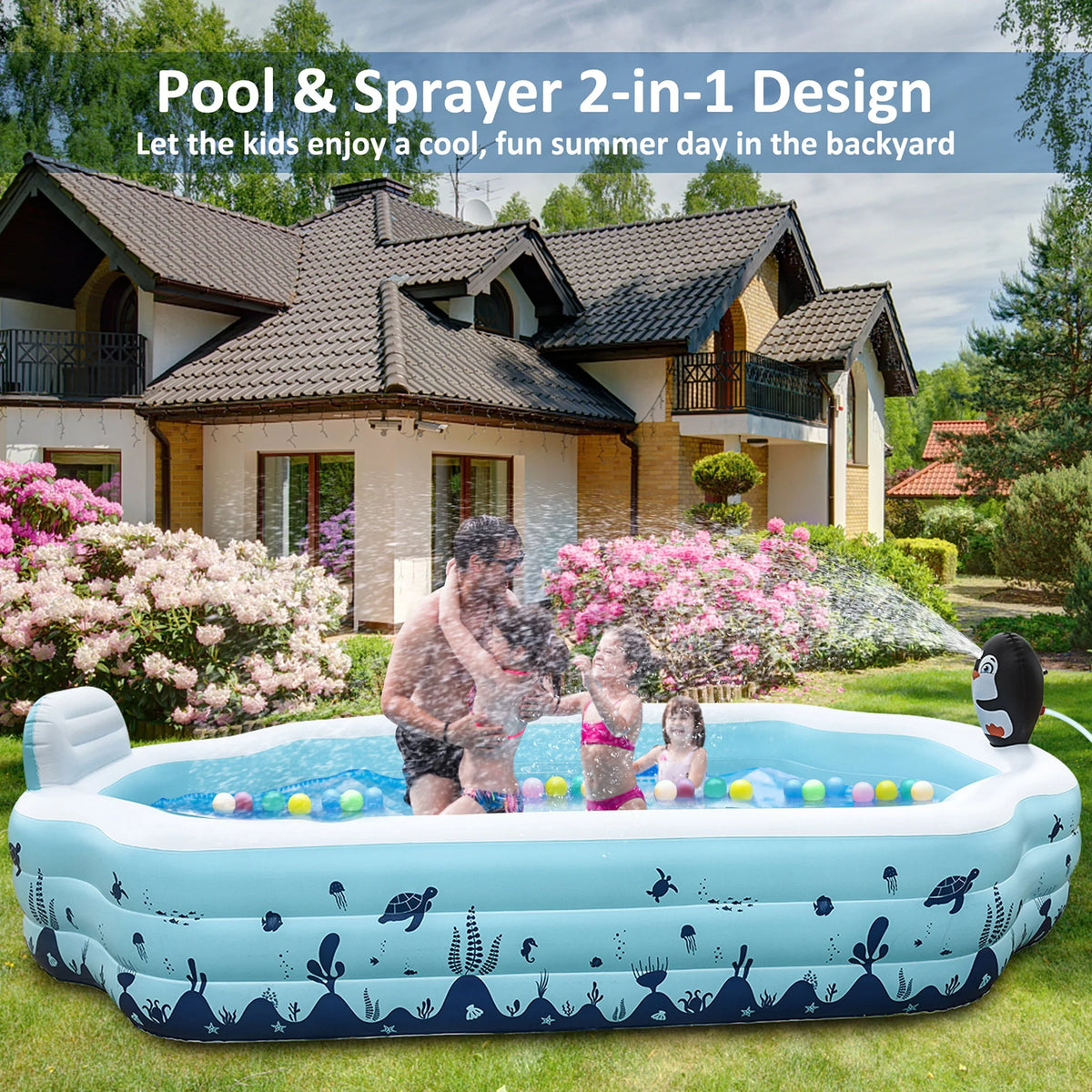 Sebor Inflatable Pool with Seat and Sprinkler - 10.3Ft x 76'' x 20'' Full Sized Above Ground Swimming Pool for Family, Adults