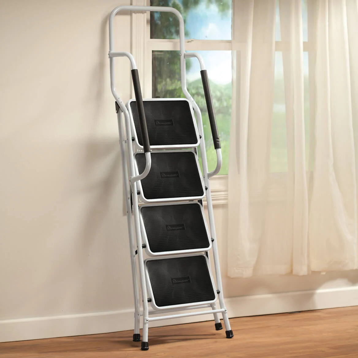 LivingSURE Folding 4-Step Safety Ladder - Heavy Duty Steel, Anti-Slip Treads, Padded Handrails - Space Saving Design - Perfec