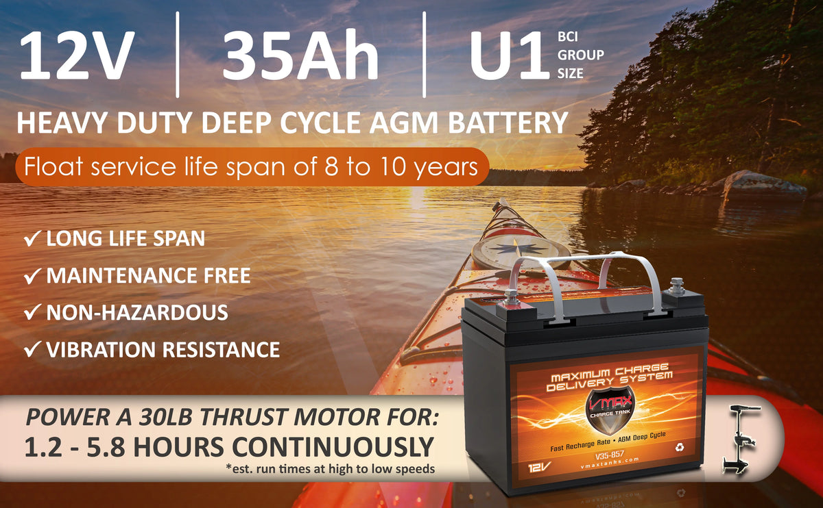 VMAX V35-857 12V 35AH AGM Deep Cycle U1 Battery (7.7"x 5"x 6.1") for Minn Kota Endura Max 45 Hand Control - 12V-45lb Trolling