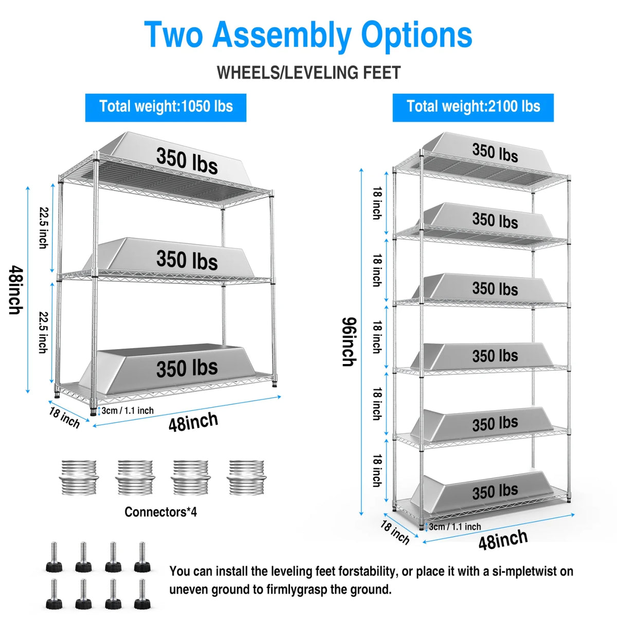 Holaki 3 Tier NSF Metal Shelf Wire Shelving Unit - Set of 2, 1050lbs Capacity Heavy Duty Adjustable Storage Rack with Shelf L