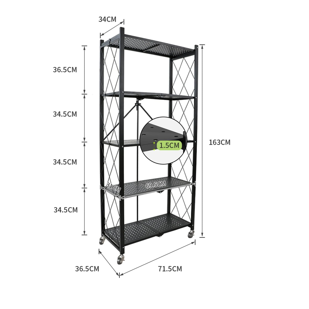 Foldable 28.35''W x 14.96''D x 63.19''L Storage Shelving Unit,Heavy Duty Metal Shelf,Foldable Shelf with Wheels,Garage Shelf