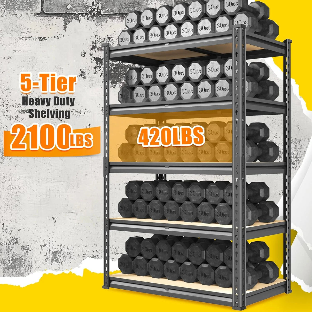 72.12" H Garage Shelving, Storage Shelves Load 2100LBS, 5-Tier Adjustable Shelving Unit with Thickened Wooden Boards for Mult