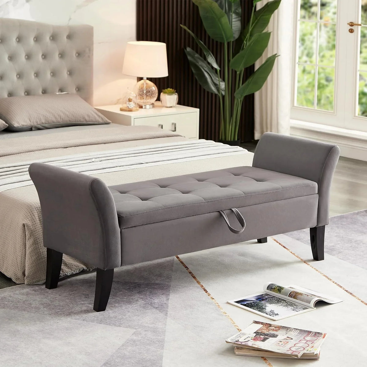 Furniliving Modern Storage Ottoman Bench, Sherpa Ottoman End of Bed Bench with Solid Wood Legs Upholstered Ottoman Benches with Storage Indoor Bench for Living Room with Rolled Arm, Entryway, White
