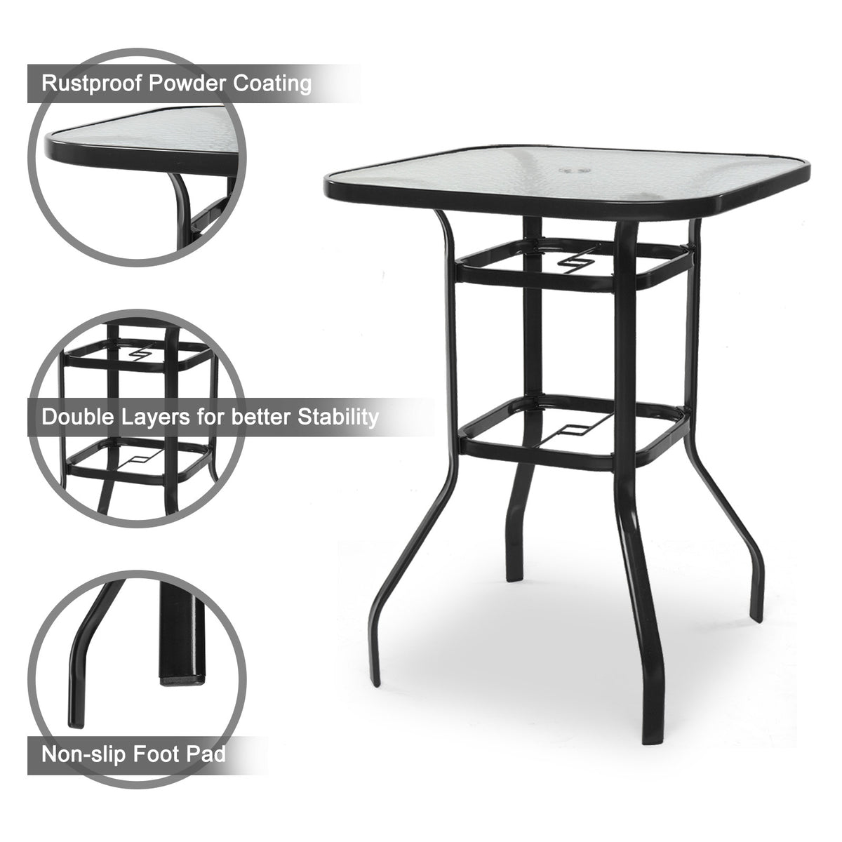 IVV Outdoor Patio Bar Height Bistro Table w/ Tempered Glass Top & 1.8" Umbrella Hole & Metal Frame, 31.5"L x 31.5"W x 39.8"H,