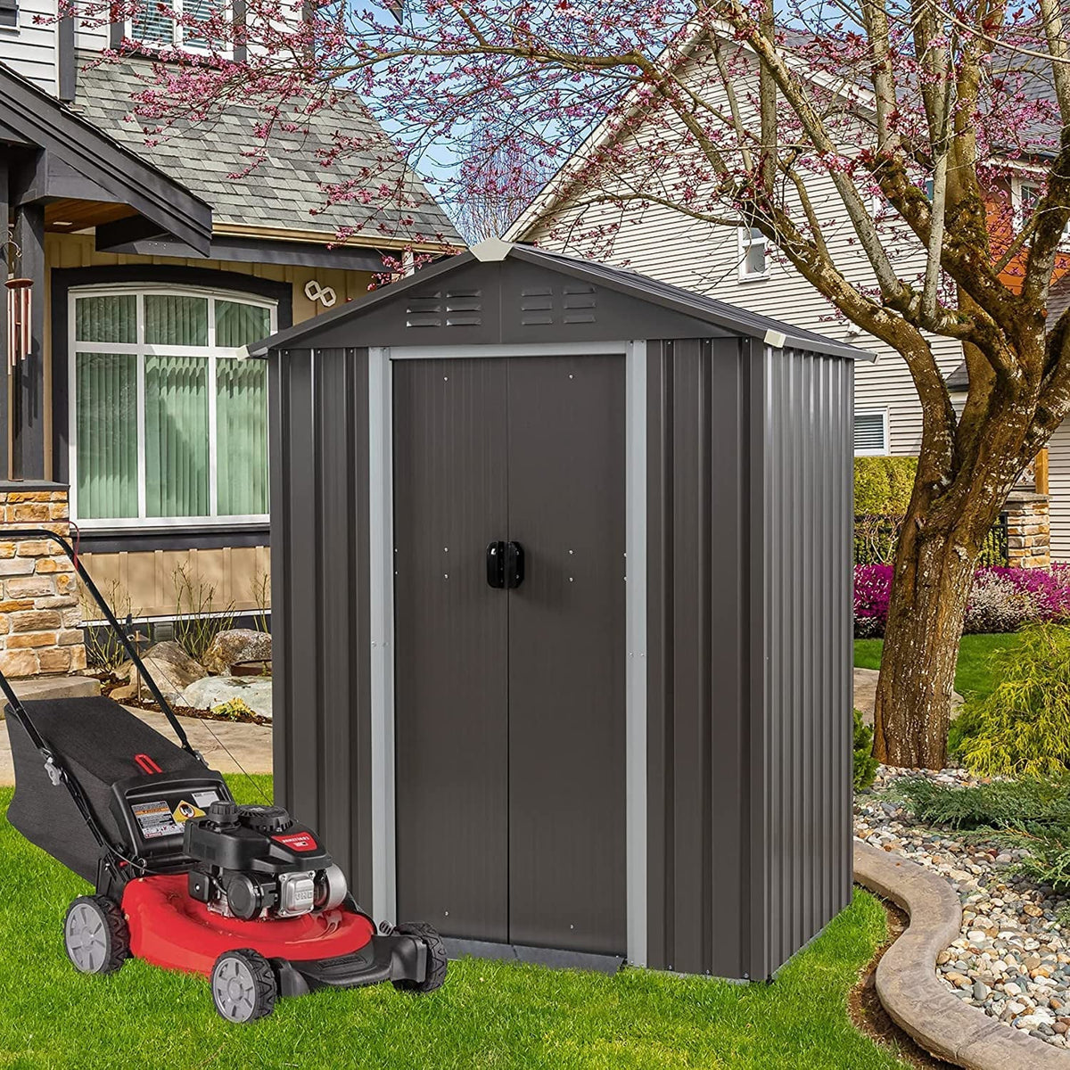 Sobaniilo 5'x 3'x 6' FT Outdoor Storage Metal Shed with Lockable Door, Tools Storage Shed Clearance, Outdoor House for Backya