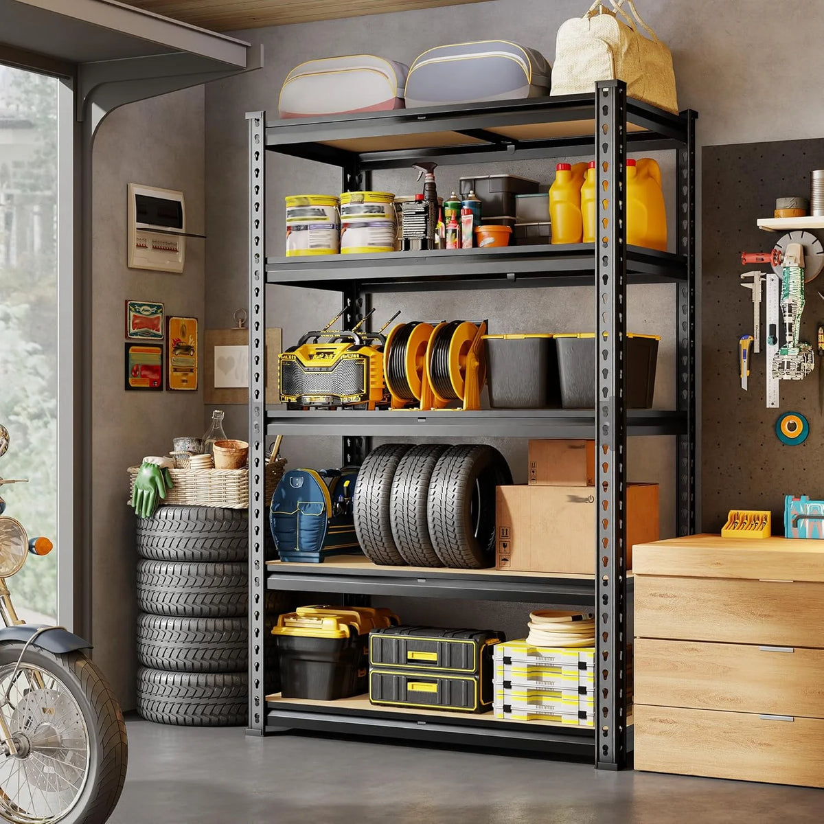 72.12" H Garage Shelving, Storage Shelves Load 2100LBS, 5-Tier Adjustable Shelving Unit with Thickened Wooden Boards for Mult