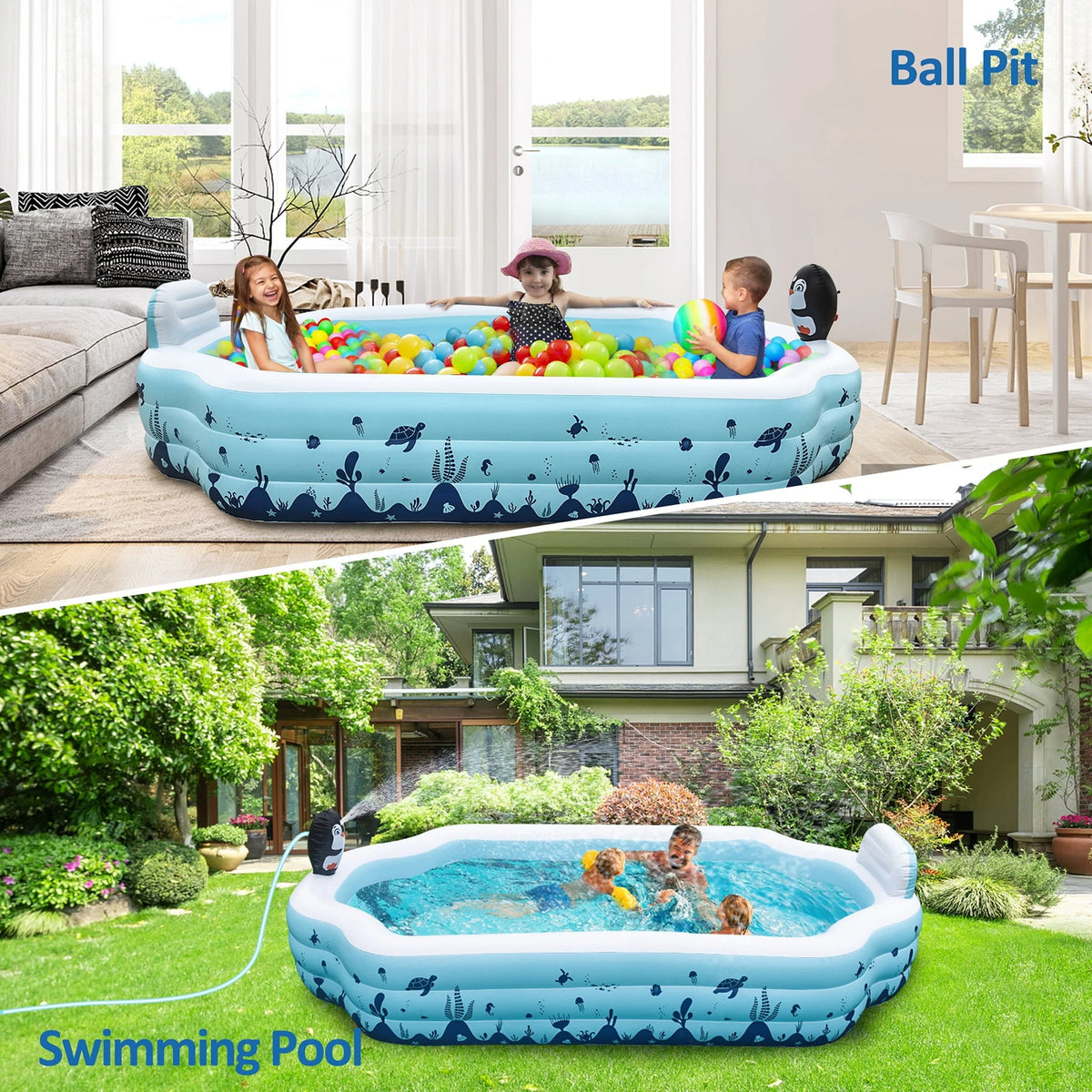 Sebor Inflatable Pool with Seat and Sprinkler - 10.3Ft x 76'' x 20'' Full Sized Above Ground Swimming Pool for Family, Adults