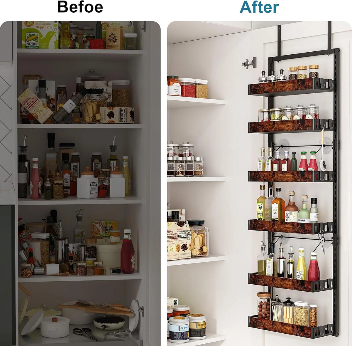 Over the Door Pantry Organizer, 6-Tier Adjustable Wooden Basket Kitchen Pantry Door Organization and Storage, Heavy-Duty Meta