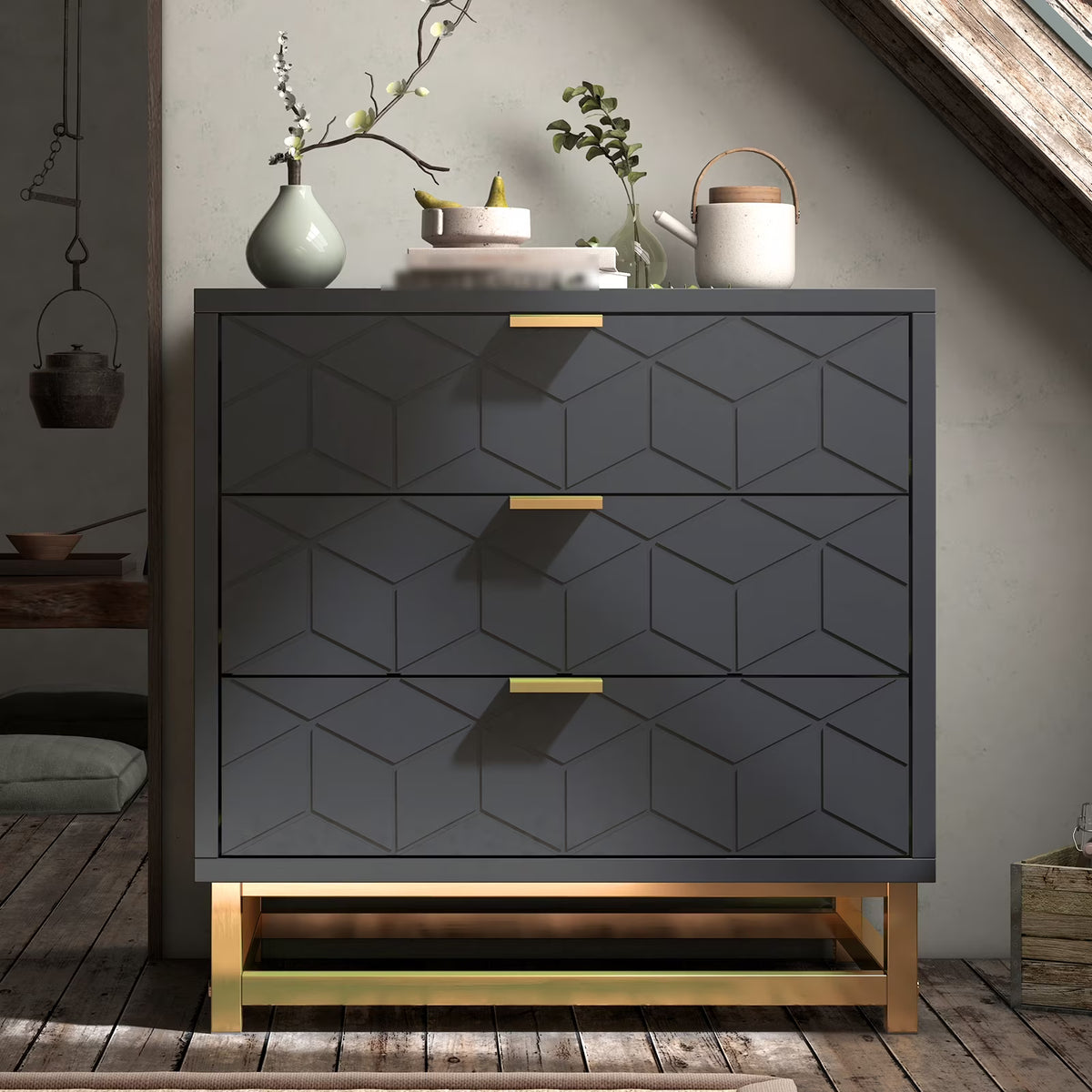 3 Drawer Dresser for Bedroom, Modern Chest of Drawers with 3 Drawers, Tall Nightstand with Metal Base and Metal Handles, Stor