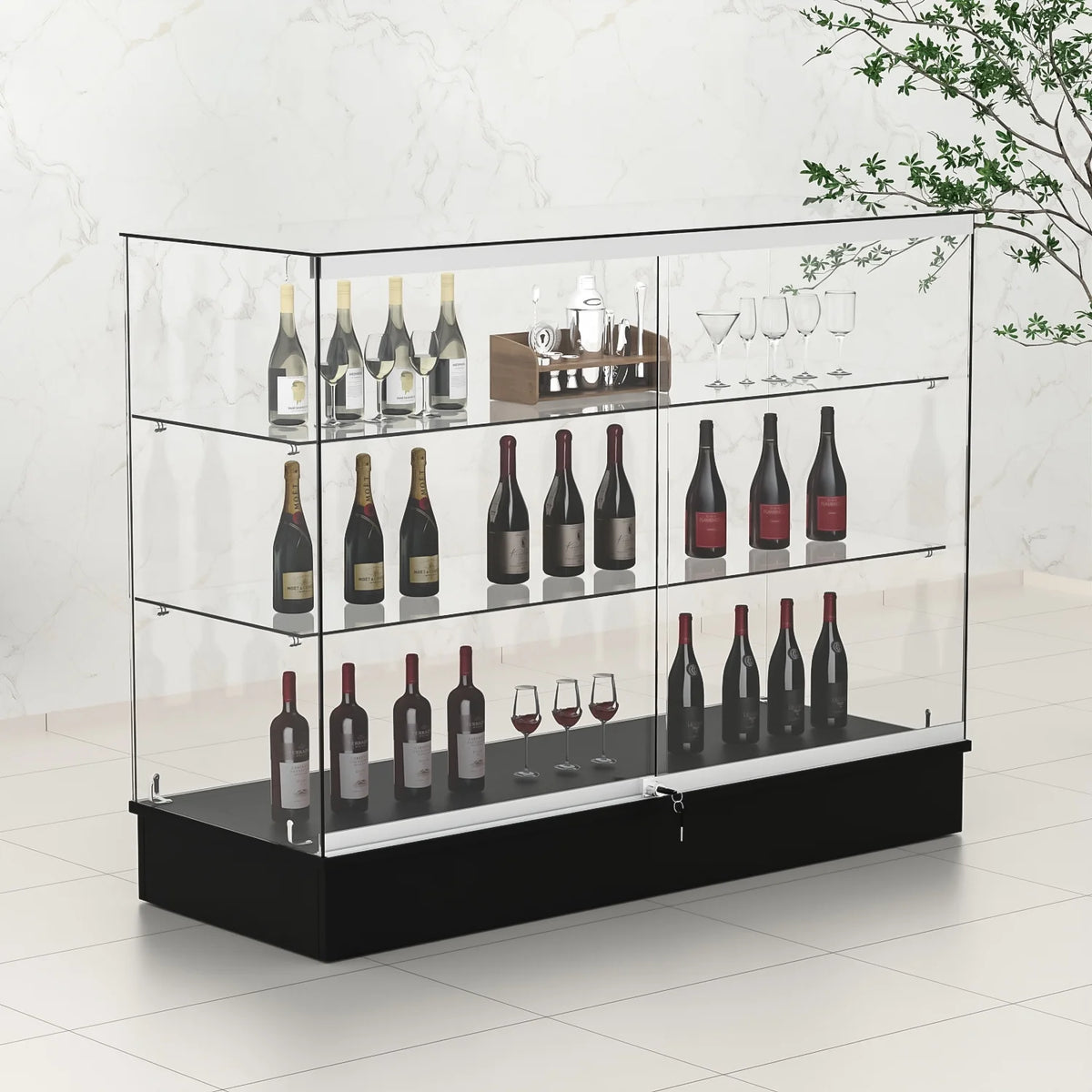 48" W x 18" D x 38" H - White Full Vision Retail Display Case, Tempered Glass Display Cabinet with Glass Shelves and Lock, St