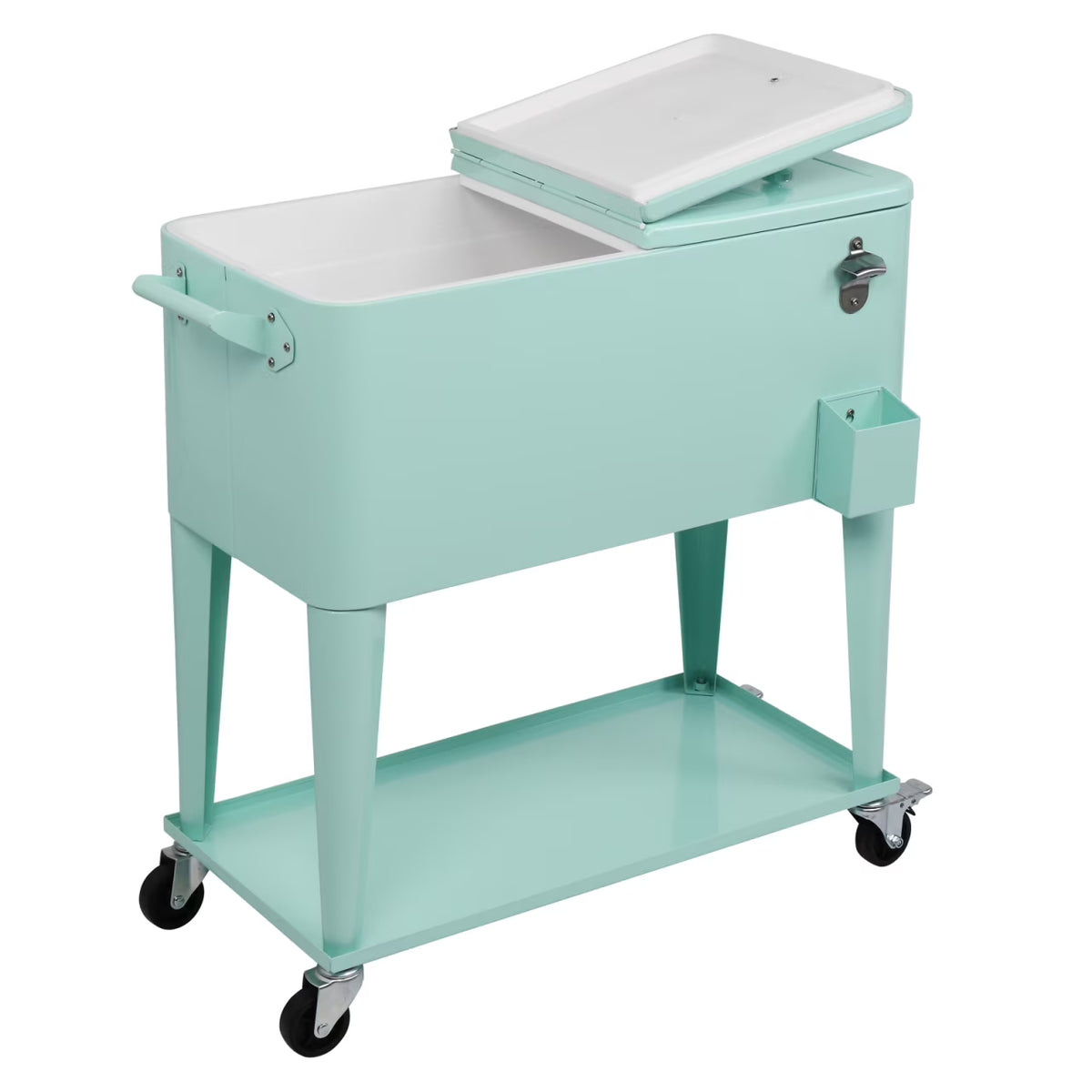 80Qt All-In-One Cooler Cart With Bottle Opener, Lower Storage Shelf and Cap Catcher, Outdoor Party Rolling Cooler With Lockab