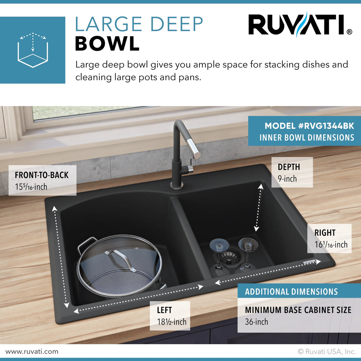 Ruvati RVG1344BK 33 x 22 inch epiGranite Kitchen Sink - Midnight Black