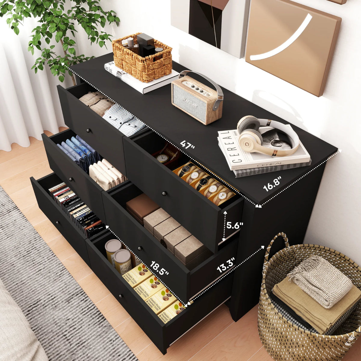 TrumanPick Black Dresser for Bedroom 6 Drawer Double Dresser Wood Wide Chest of Drawers for Living Room Hallway 47"L x 17"W x