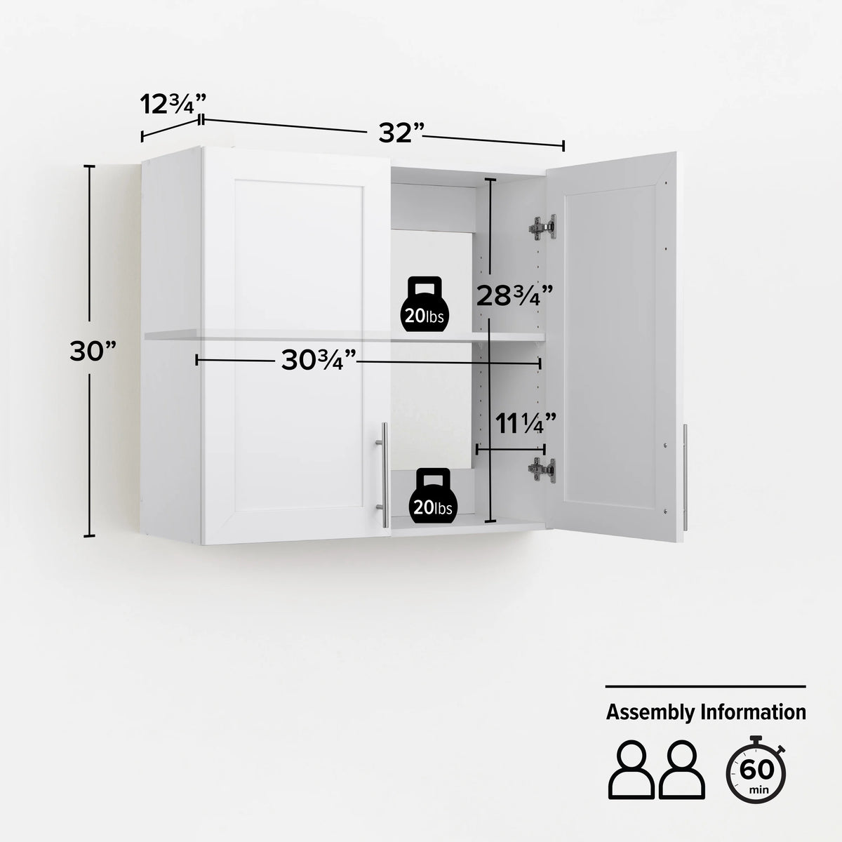 Prepac Elite 32" H Wall Cabinet with Panel Doors, White Storage Cabinet, Bathroom Cabinet, Pantry Cabinet with with 1 Adjusta