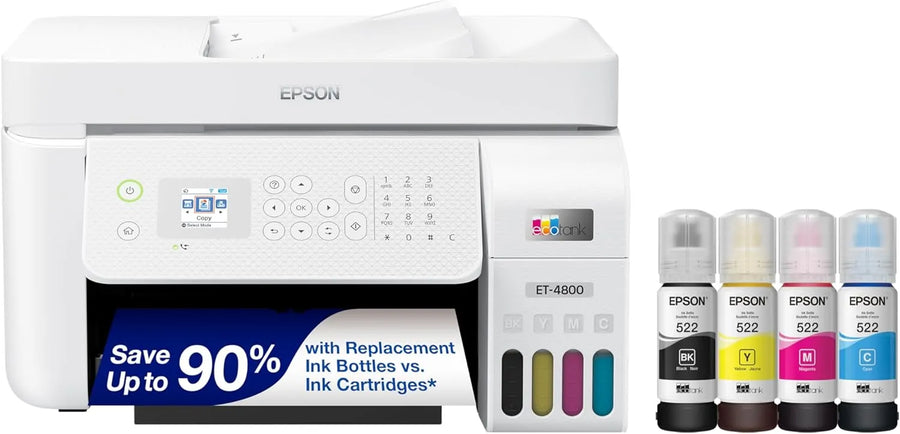 ET-4800 Wireless All-in-One Cartridge-Free Supertank Printer with Scanner, Copier, Fax, ADF and Ethernet C Ideal-for Your Home Office, White