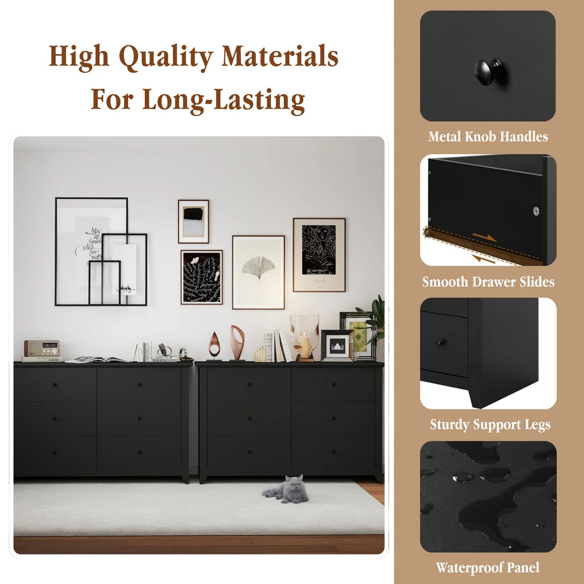 TrumanPick Black Dresser for Bedroom 6 Drawer Double Dresser Wood Wide Chest of Drawers for Living Room Hallway 47"L x 17"W x