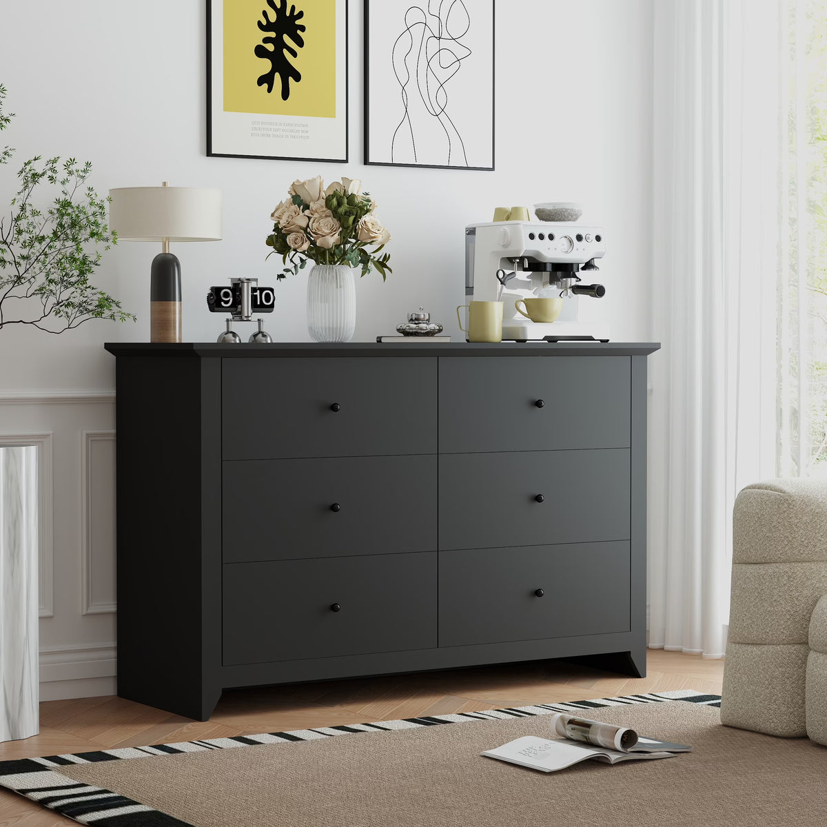 TrumanPick Black Dresser for Bedroom 6 Drawer Double Dresser Wood Wide Chest of Drawers for Living Room Hallway 47"L x 17"W x