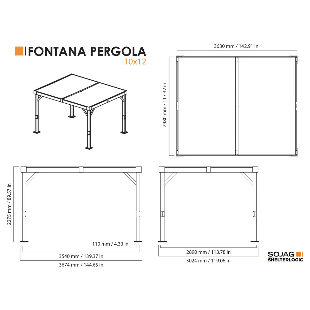 Sojag Fontana Wood Finish Aluminum Frame 10 x 12 ft Pergola