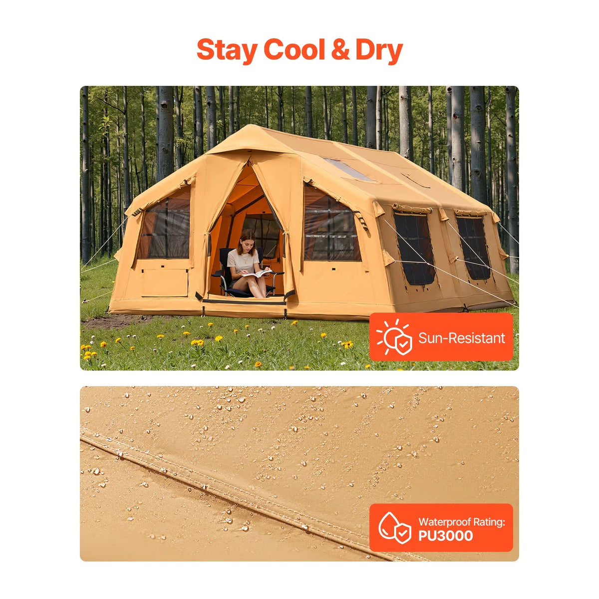 KFFKFF Inflatable Tent for Camping, 15.75 x 11.81 x 7.22 Ft Glamping Blow up Tent for 8-12 People, Air-Filled Camping Shelter