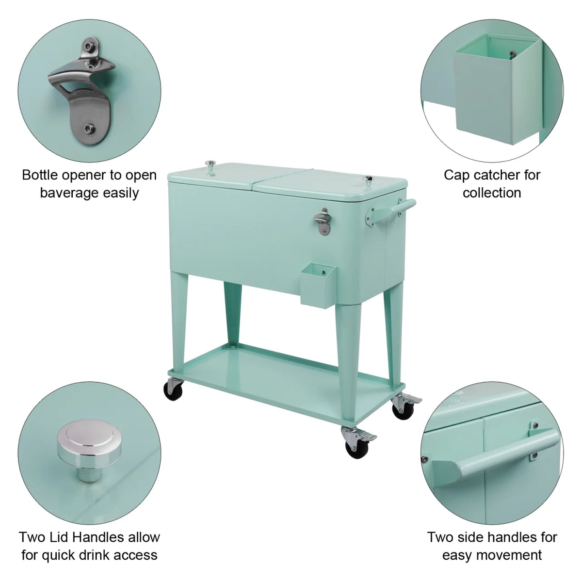 80Qt All-In-One Cooler Cart With Bottle Opener, Lower Storage Shelf and Cap Catcher, Outdoor Party Rolling Cooler With Lockab