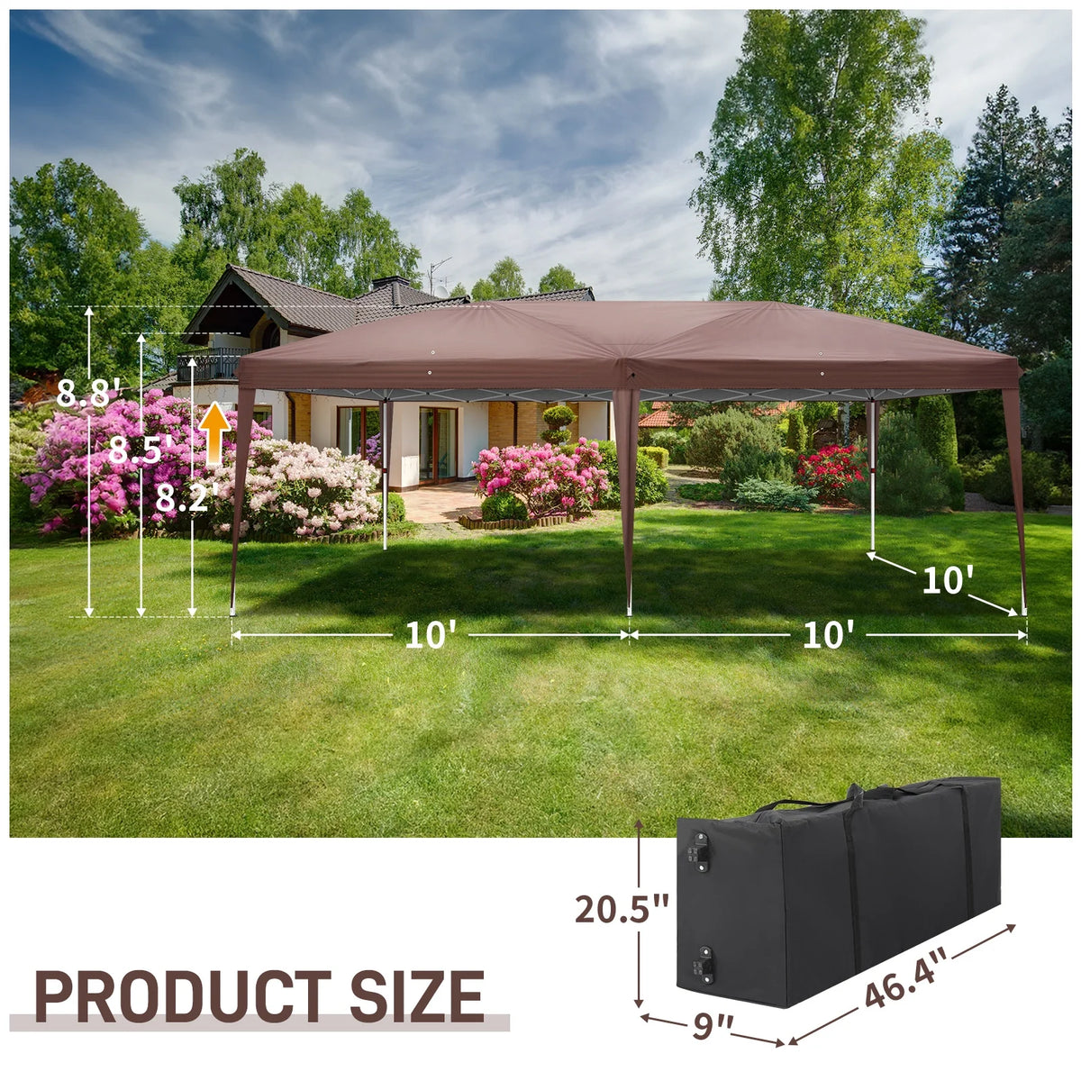 6m x 3m (20ft x 10ft) Dark Brown Waterproof Instant Pop Up Tent Portable Folding Shelter with 2 Windows, UV Protection, Heavy