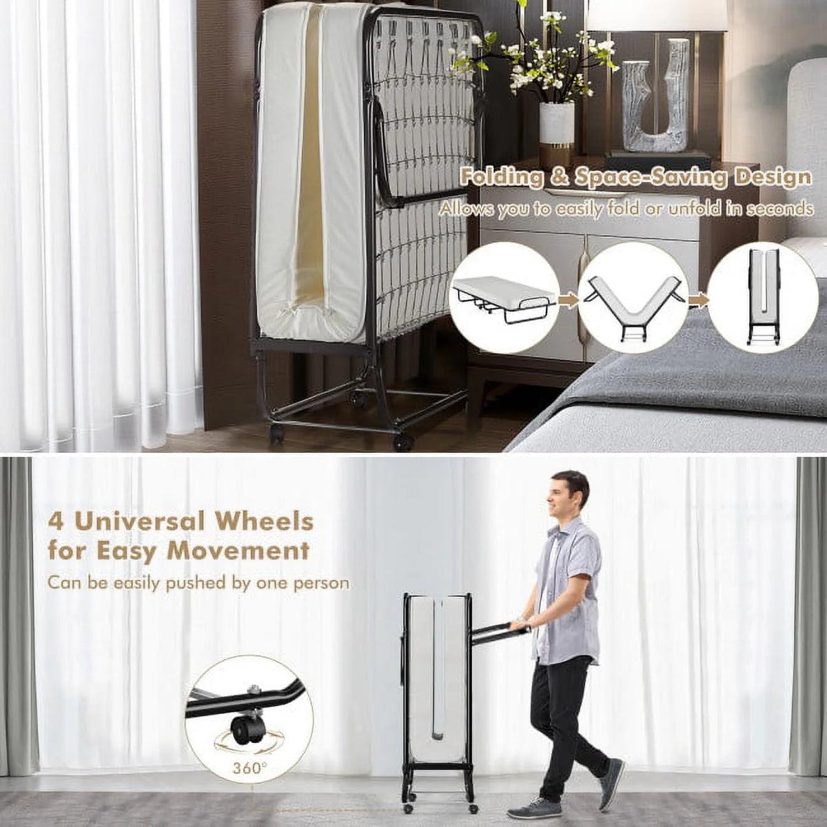 75" x 31" x 13" Folding Bed with Mattress, Rollaway Bed Metal Frame on Wheels, Portable Foldable Guest Bed for Adults, Cot Si