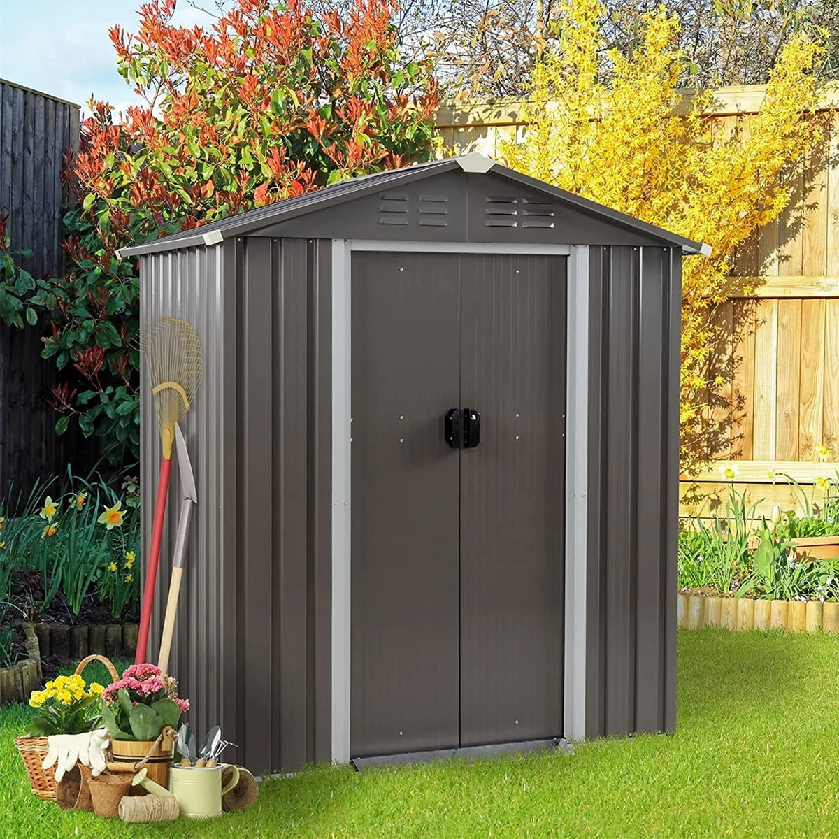 Sobaniilo 5'x 3'x 6' FT Outdoor Storage Metal Shed with Lockable Door, Tools Storage Shed Clearance, Outdoor House for Backya