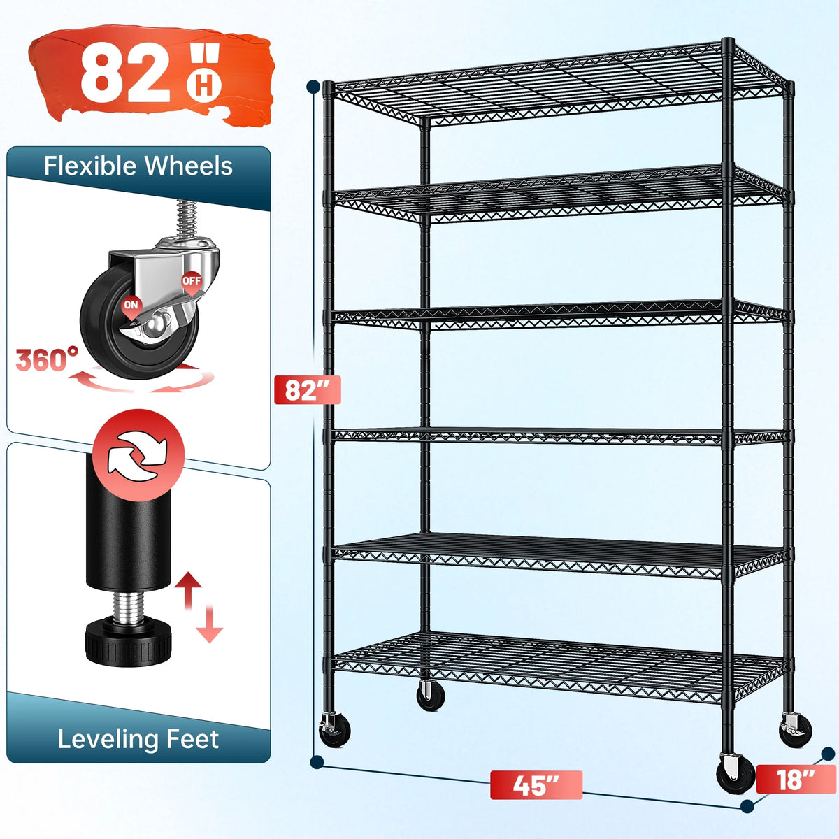 REIBII 6-Tier Wire Shelving Unit with Wheels, 82"H x 45"W x 18"D, 1200LBS Capacity,Adjustable Metal Storage Shelves for Garag