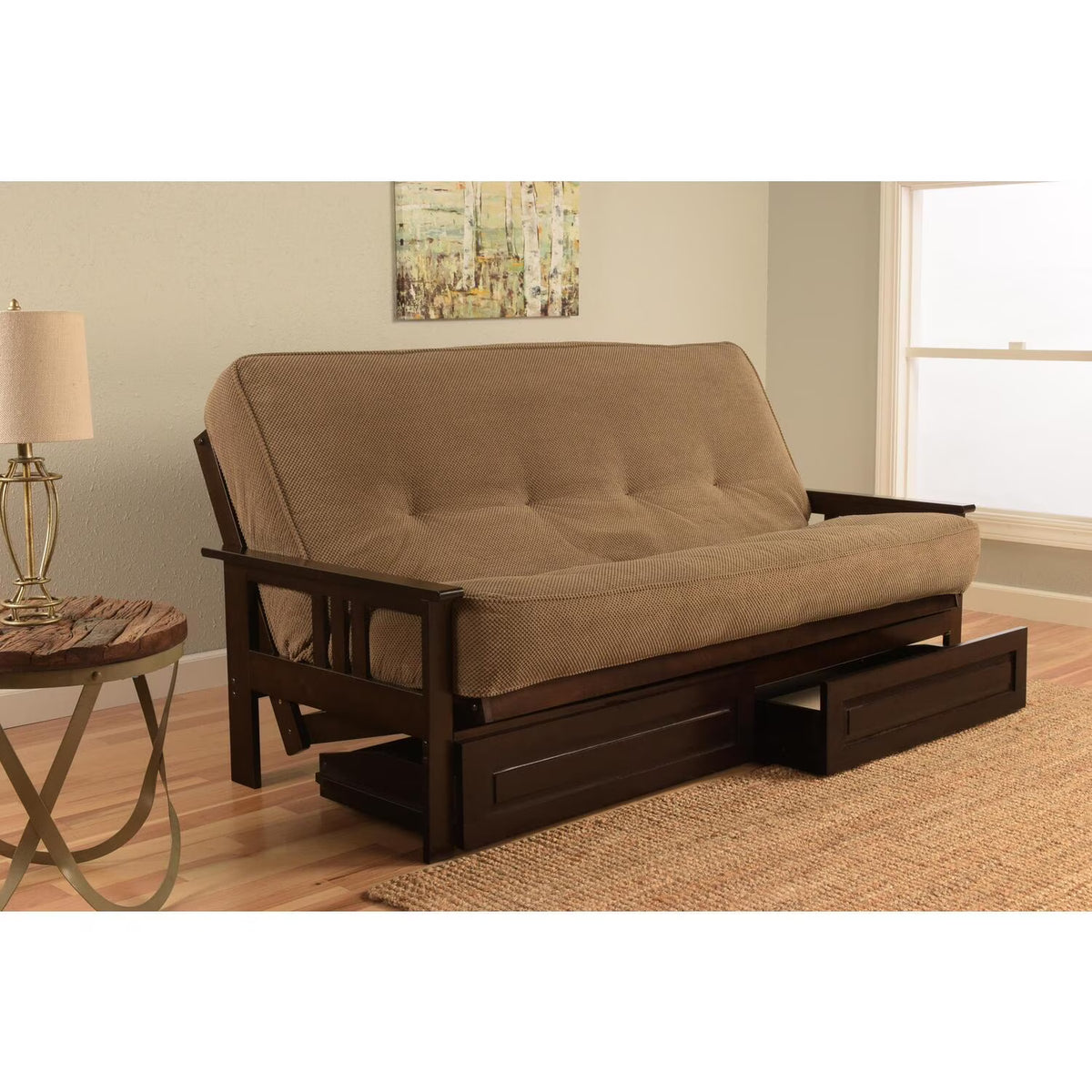 Maykoosh Island Oasis Full Futon Frame Set with Mattress and Storage Drawers, Classic Foldable Frame, Converts to Bed - 79 L