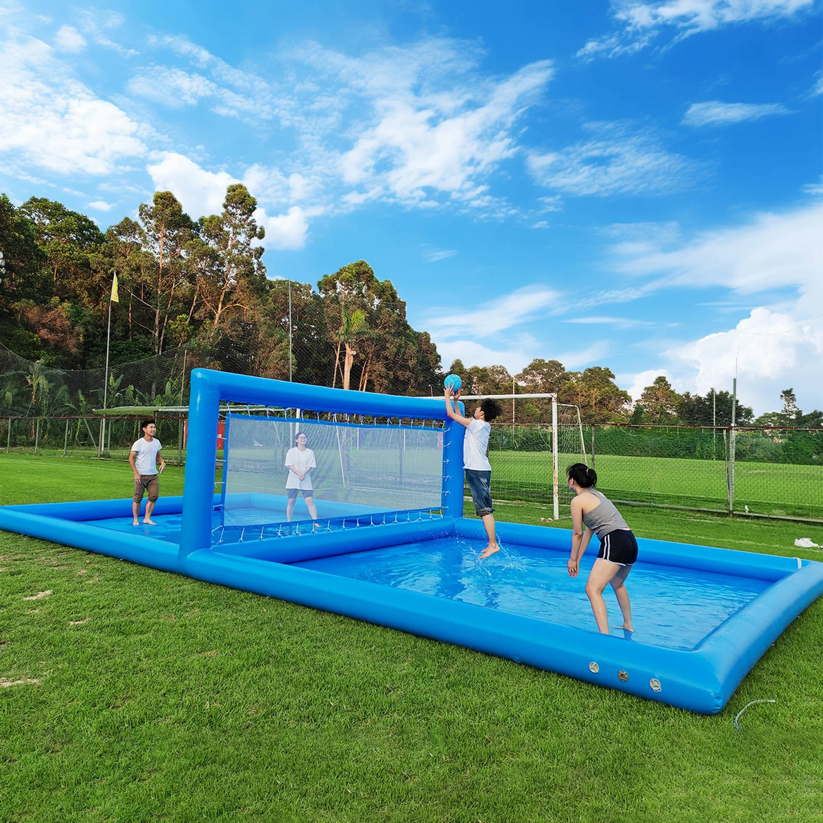 Relunch 33FT Inflatable Volleyball Court, 2 in 1 Volleyball Pool Football Court Water Soccer Field with 800W Blower for Beach