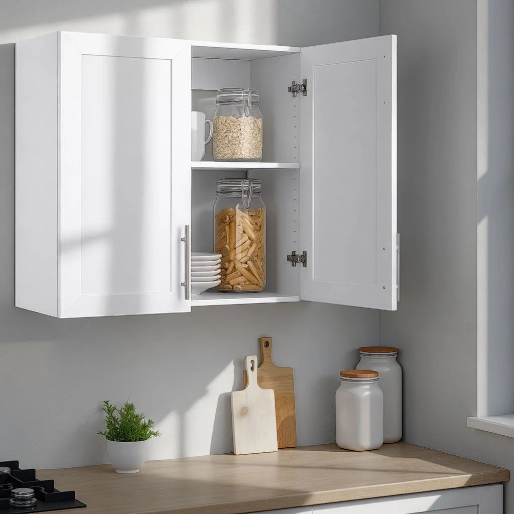 Prepac Elite 32" H Wall Cabinet with Panel Doors, White Storage Cabinet, Bathroom Cabinet, Pantry Cabinet with with 1 Adjusta