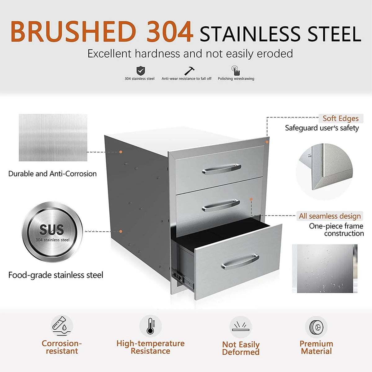 Outdoor Kitchen Drawers 14" W x 21" H x 23" D, Flush Mount Triple Access BBQ Drawers,BBQ Island Drawers for Outdoor Kitchens