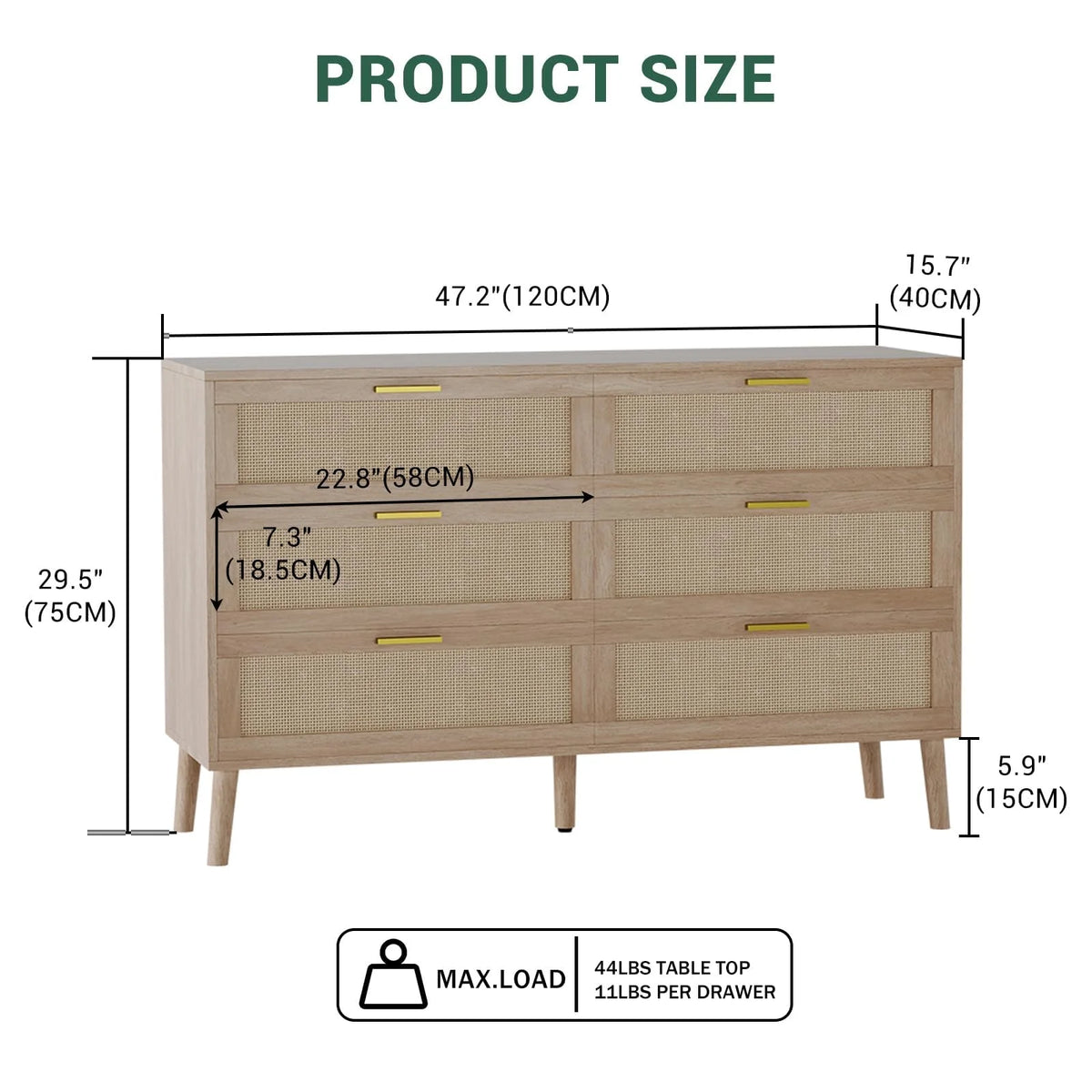 Huloretions 6 Drawer Dresser,Rattan Chest of Dressers,Mid Century Modern Dresser For Closet With Handles,Large Table Top Dres