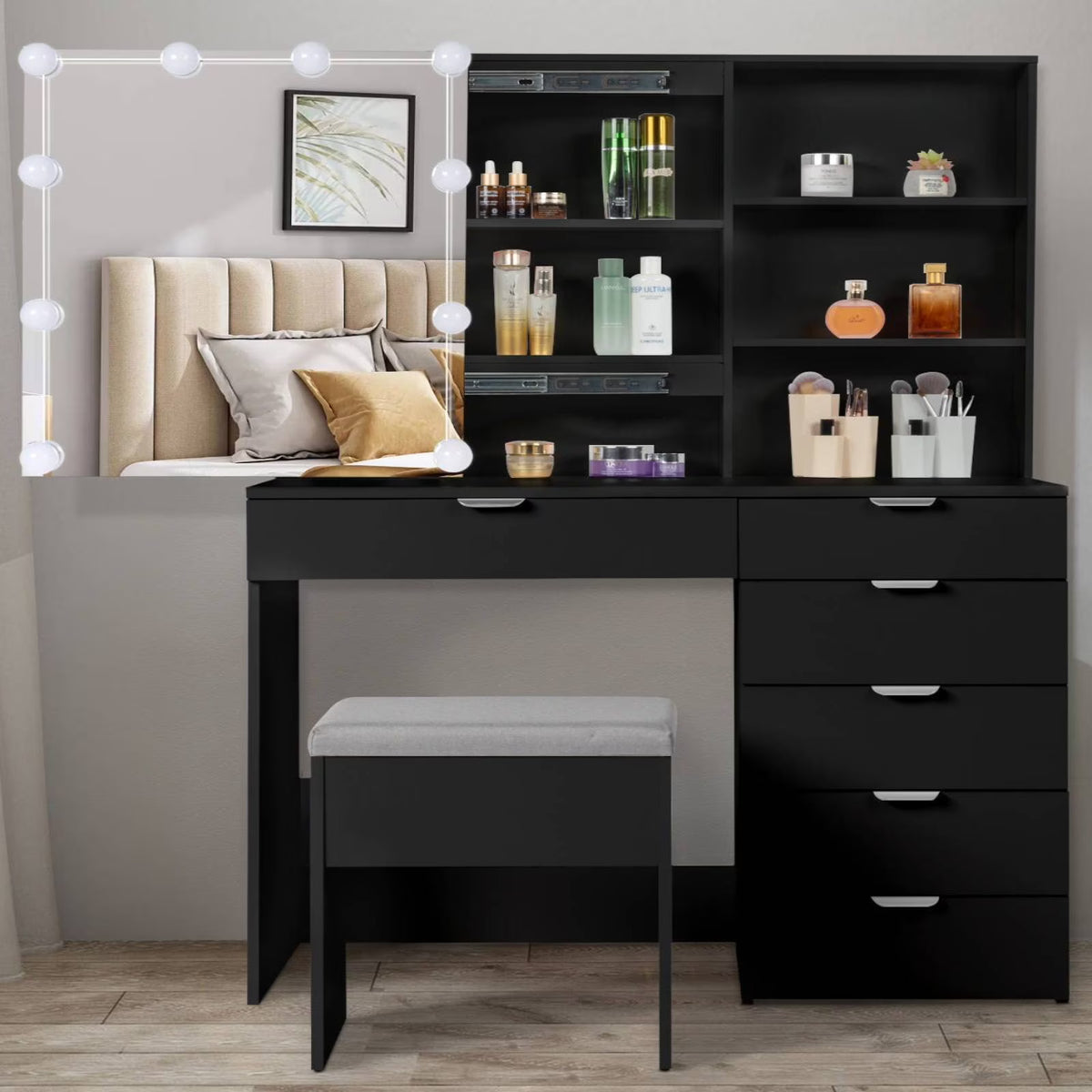 Ktaxon Vanity Set with 3 Color Lighted Mirror, Makeup Table with 6 Drawers, Dressing Table Makeup Desk with Stool, White