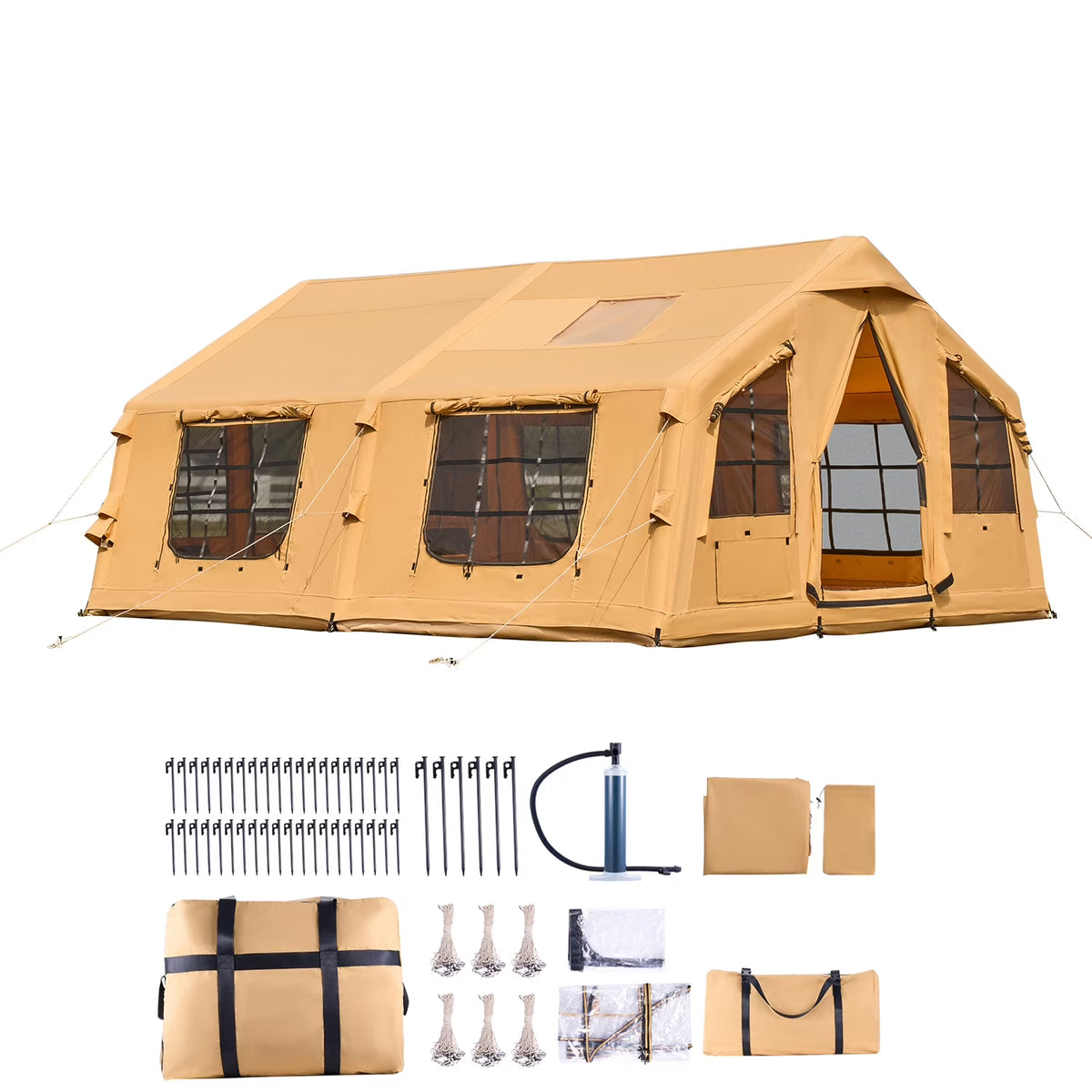 KFFKFF Inflatable Camping Tent for 8-12 Person, 15.75 x 11.81 x 7.22 Ft Glamping Blow up Tent with Hand Pump, Waterproof Air