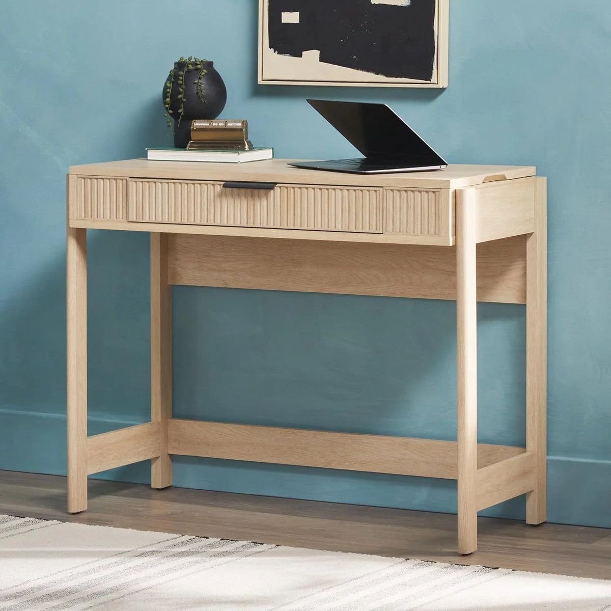 LHHP Transitional Style Furniture, Reeded Detail, Lift-Top Desk with Drawer and Storage Cubby, Sitting to Standing Desk, Soft