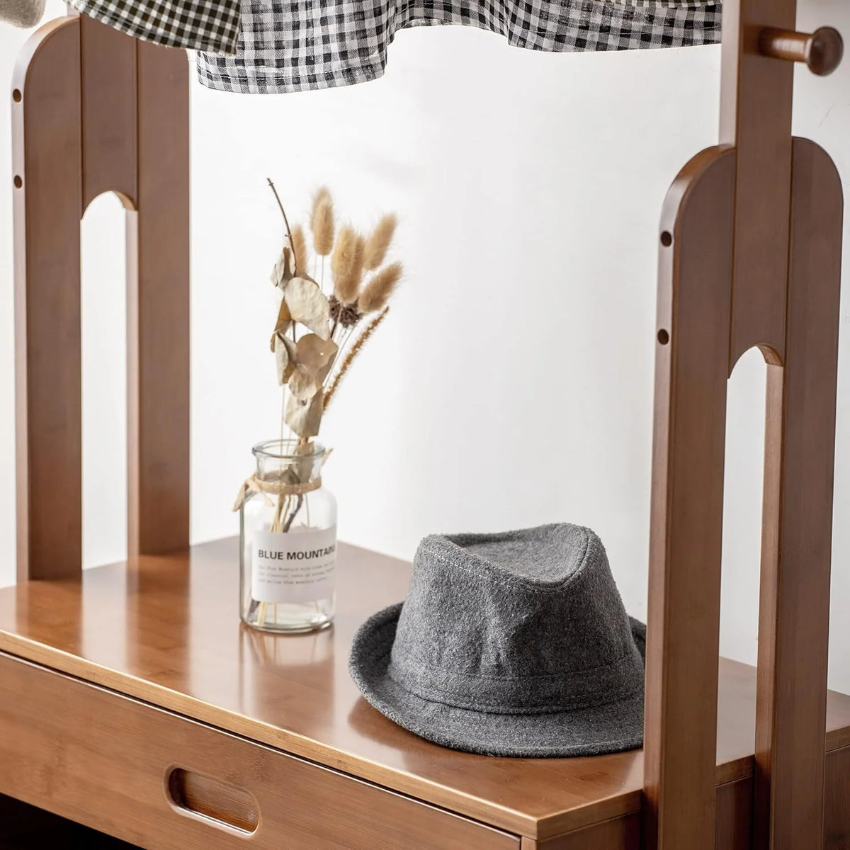WILK Freestanding Wooden Coat Rack, Bamboo Wood Coat Rack with Seat, Storage Drawer and Hooks, Tree Freestanding for Hanging