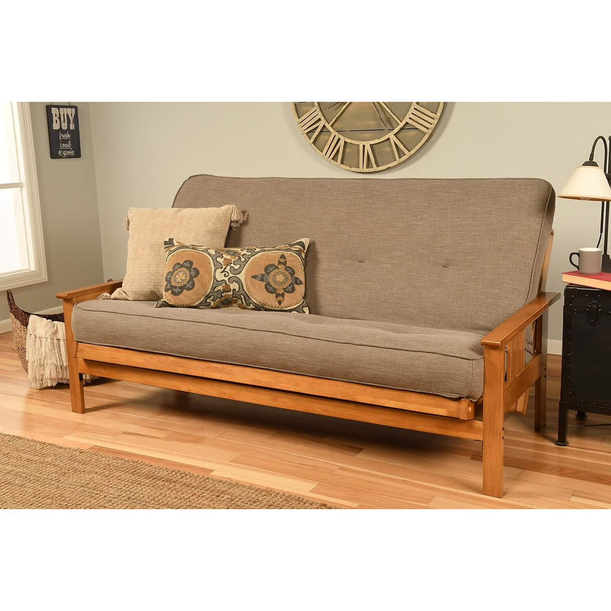 Homestock African Artifacts Full Size Futon Frame Set with Mattress, Easily Converts to Bed, Versatile Design Futon Frame for