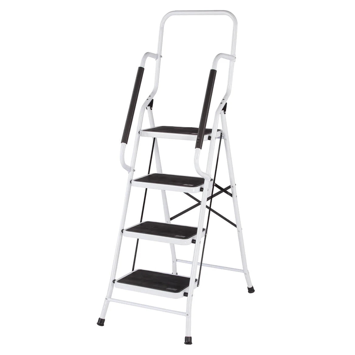 LivingSURE Folding 4-Step Safety Ladder - Heavy Duty Steel, Anti-Slip Treads, Padded Handrails - Space Saving Design - Perfec
