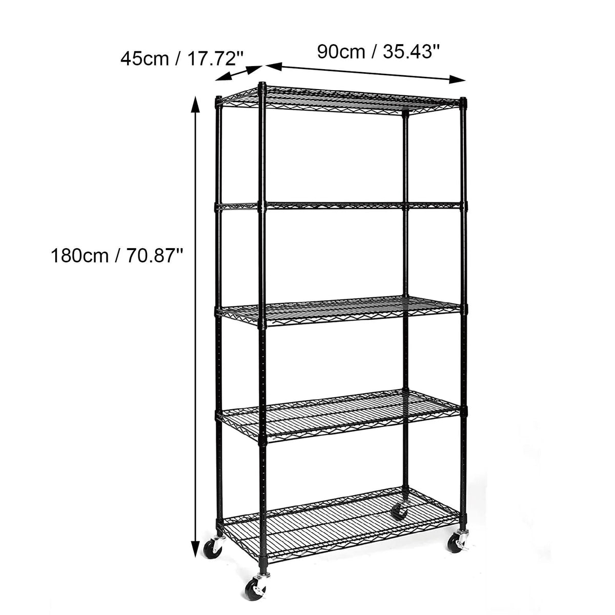 Ktaxon Commercial 5 Tier Shelf Adjustable Wire Metal Shelving Rack w/Rolling Black, 35''L x 18''W x 71''H, Capacity for 750 l